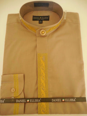 Mens Collarless Mandarin No Collar Dress Shirt Taupe Bright Gold DS3112C - Nader Fashion Las Vegas