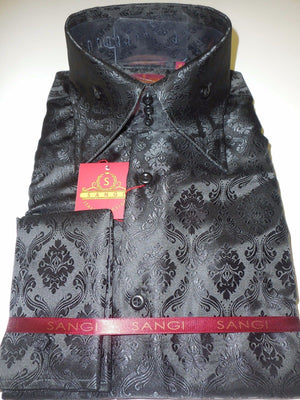 Mens Midnight Black Arabesque High Collar French Cuff Shirt SANGI Style 1007 - Nader Fashion Las Vegas