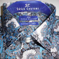 Mens Blue White Multi Flower Modern Fit Clubbing Shirt by Suslo 100% Sateen - Nader Fashion Las Vegas