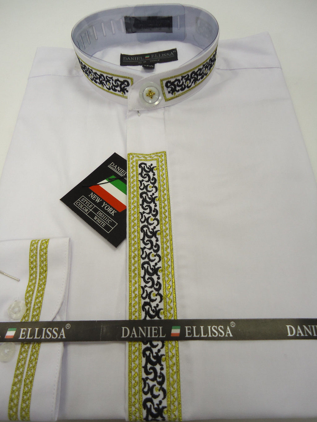 Mens DS3111C Elegant White Gold/Black Design Long Sleeve Banded No Collar Shirt 2XL 18.5-34/35 Mens DS3111C Elegant White Gold/Black Design Long Sleeve Banded No Collar Shirt 2XL 18.5-34/35