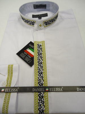 Mens DS3111C Elegant White Gold/Black Design Long Sleeve Banded No Collar Shirt - Nader Fashion Las Vegas
