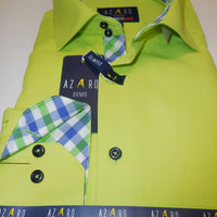 Mens Bright Neon Green Tartan Plaid Cuff & Placket Fitted Shirt Azaro Uomo M30 - Nader Fashion Las Vegas