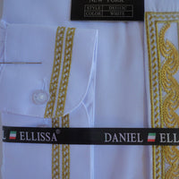 Mens Greecian Look Banded No-Collar Dress Shirt White Gold Embroidery DS3113C - Nader Fashion Las Vegas