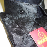 Mens Midnight Black Arabesque High Collar French Cuff Shirt SANGI Style 1007 - Nader Fashion Las Vegas