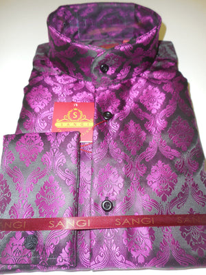 Mens Elegant Damask Black Purple Hue Banded Collarless Shirt SANGI Style 1006 - Nader Fashion Las Vegas