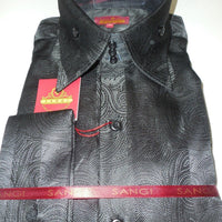 Mens Amazing Glossy Black Paisley Designer High Collar Cuffed Shirt SANGI 1043 - Nader Fashion Las Vegas