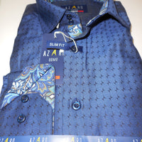Mens Beautiful Navy Black w/Cool Patterned Cuff Modern Fit Shirt Azaro Uomo M31 - Nader Fashion Las Vegas