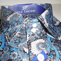 Mens Blue White Multi Flower Modern Fit Clubbing Shirt by Suslo 100% Sateen - Nader Fashion Las Vegas