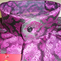 Mens Elegant Damask Black Purple Hue Banded Collarless Shirt SANGI Style 1006 - Nader Fashion Las Vegas