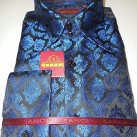 Mens Black Blue Regal Damask High Collar French Cuff Designer Shirt SANGI 1012 - Nader Fashion Las Vegas