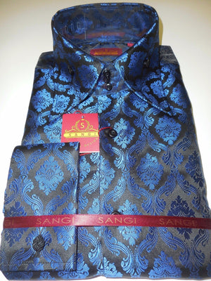 Mens Black Blue Regal Damask High Collar French Cuff Designer Shirt SANGI 1012 - Nader Fashion Las Vegas