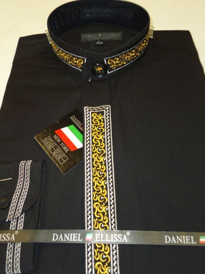 Mens DS3111C Elegant Black & Gold Detailed Design Banded Collarless Shirt - Nader Fashion Las Vegas