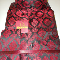Mens Black Red Damask High Nehru Collar Collarless Shirt SANGI Style 1002 - Nader Fashion Las Vegas