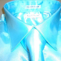 Mens Karl Knox Shiny Aqua Teal Turquoise Satin Formal Dress Shirt Tie & Hanky - Nader Fashion Las Vegas