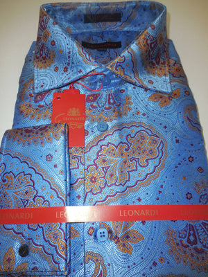 Mens Gorgeous Periwinkle Blue Leonardi Cool Paisley French Cuff Shirt Style 399 - Nader Fashion Las Vegas