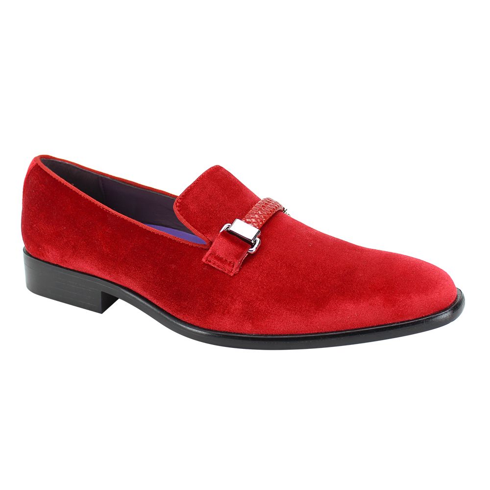 Mens Bright Red Velvet Slip On Dress Loafers w/ Braided Detail After M | Fashion Las Vegas