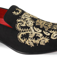 Mens Black Faux Suede Gold Embroidered Dress Loafers After Midnight 6974