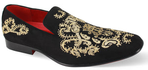 Mens Black Faux Suede Gold Embroidered Dress Loafers After Midnight 6974