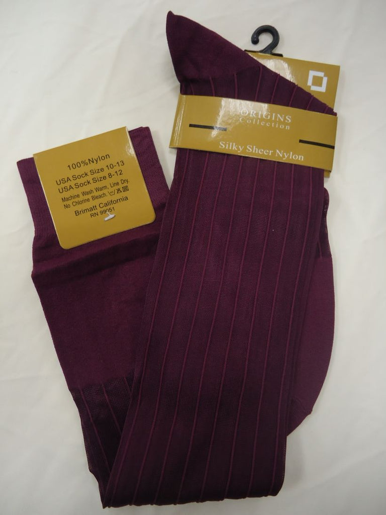 Mens Burgundy Origins Silky Sheer Knee-High Over The Calf Nylon Thick