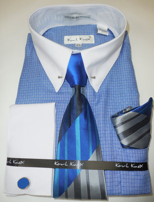 Mens Blue White Woven-Look Dress Shirt Set Fancy Eyelet Collar Bar Karl Knox 4400 S