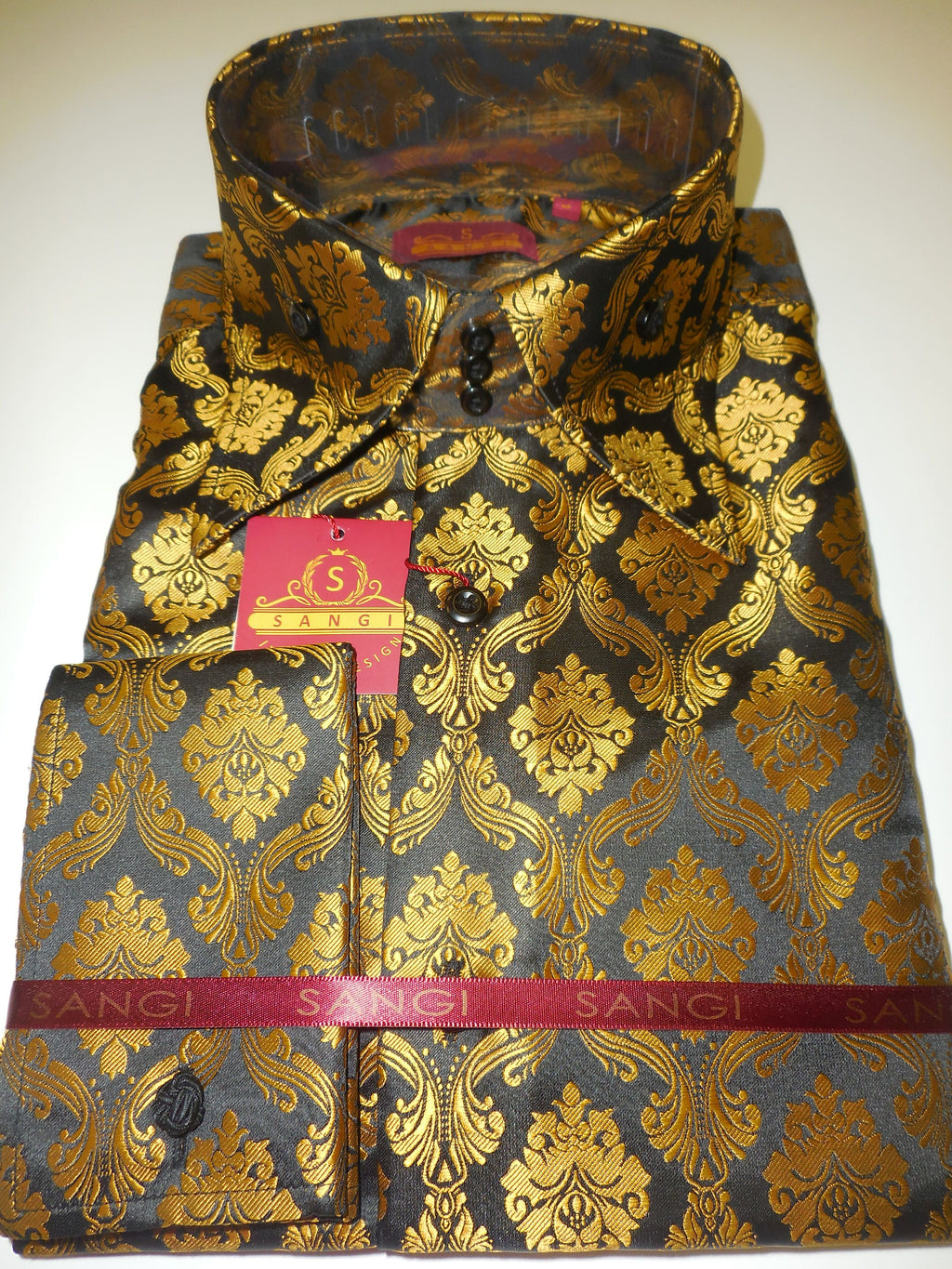 Mens Black Mega Gold Arabesque High Collar French Cuff Shirt SANGI Monaco Coll. 1008