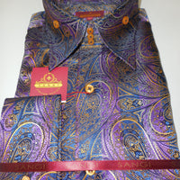 Mens Purple Navy Gold Exquisite Paisley Cuffed High Collar Shirt SANGI Monaco Coll. 1030