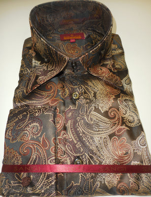 Mens Charcoal Copper Rust Metallic Floral High Collar Shirt SANGI