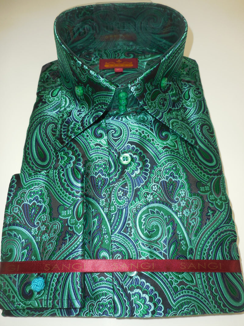 Mens Emerald Green Paisley High Collar Cuffed Shirt SANGI ROME COLLECTION #2019 5XL