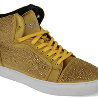 Mens Amazing Shiny Rhinestone Hightop Velvet Sneakers Yellow Gold AM FLASH
