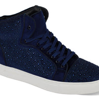 Mens Navy Blue Shiny Sparkly Rhinestone High-Top Velvet Sneakers AM FLASH