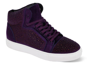 Mens Cool Purple Shiny Rhinestone High Top Glitzy Velvet Sneakers AM FLASH