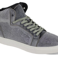 Mens Metallic Sparkly Rhinestone High-Top Silver Gray Velvet Sneakers AM FLASH