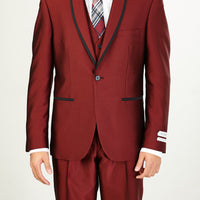 Mens Burgundy Sharkskin Modern Fit Tuxedo Suit with Black Trim + Matching Vest