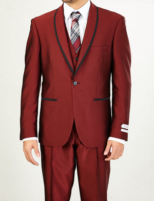 Mens Burgundy Sharkskin Modern Fit Tuxedo Suit with Black Trim + Match | Nader Fashion Las Vegas Mens Burgundy Sharkskin Modern Fit Tuxedo Suit with Black Trim + Match | Nader Fashion Las Vegas