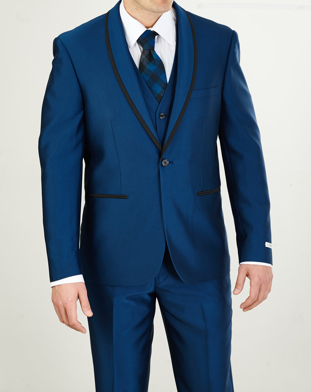 Mens Monaco Blue Sharkskin Black Trim + Matching Vest Fitted 3 Piece Suit