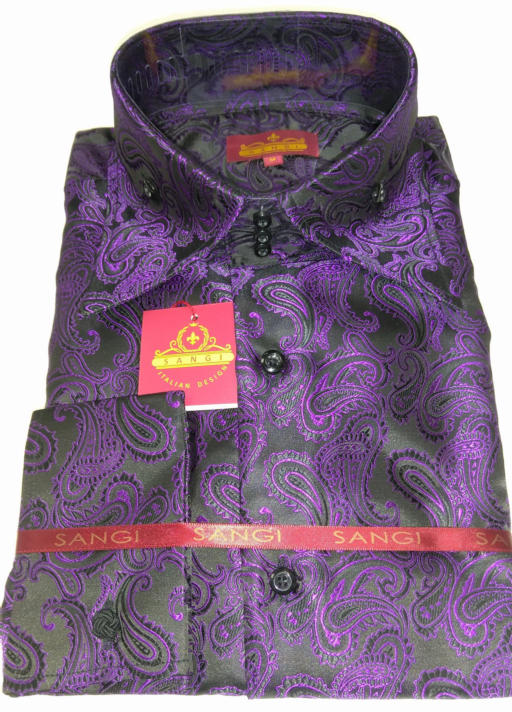 Mens Black Purple Paisley High Collar French Cuff Shirt Sangi Milan Collection #2042 Medium Mens Black Purple Paisley High Collar French Cuff Shirt Sangi Milan Collection #2042 Medium