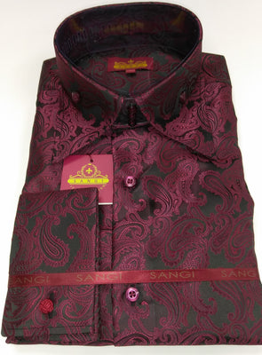 Mens Black Burgundy Paisley High Collar F/C Jacquard Shirt SANGI MILAN COLLECTION 2043