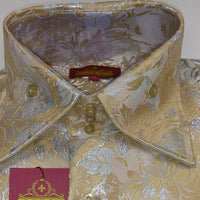 Mens Ecru Sand Metallic Floral High Collar French Cuff Shirt SANGI MILAN COLLECTION 2054