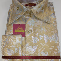 Mens Ecru Sand Metallic Floral High Collar French Cuff Shirt SANGI MILAN COLLECTION 2054
