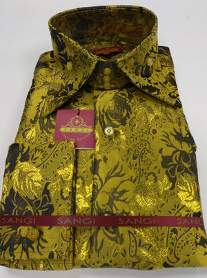 Mens Mega Gold Metallic Floral High Collar F/C Jacquard Shirt SANGI MILAN COLLECTION 2057