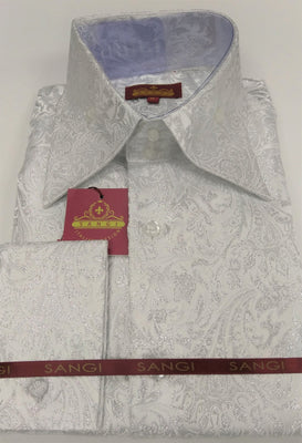 Mens White Silver Foil Ivy Paisley High Collar F/C Jacquard Shirt SANGI MILAN COLLECTION 2048