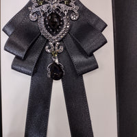 Mens Sparkling Black Bling Pretied Pleated Ribbon Brooch Bow Tie