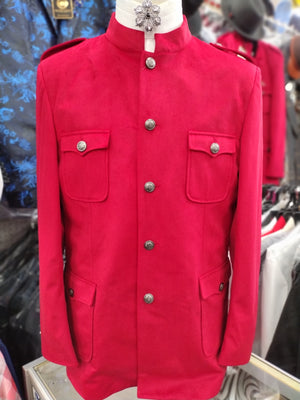 Mens Sangi Collarless Nehru Cadet Military Fashion Velvet Jacket Bright Red