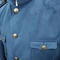 Mens Sangi Nehru Cadet 5 Button Fashion Velvet Jacket Epaulettes Peacock Blue