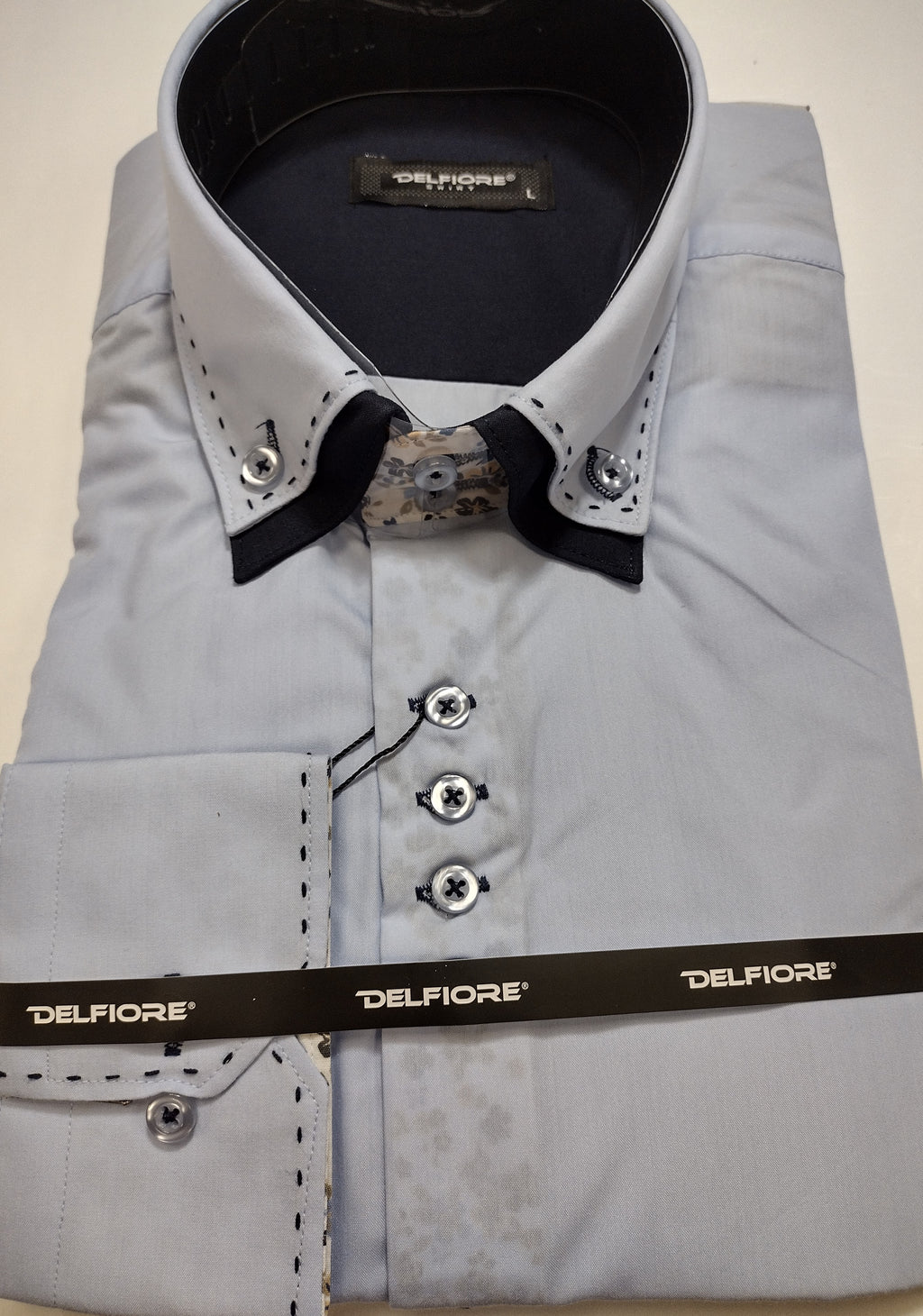Mens Sky Blue Fitted Designer Shirt Floral Lined Collar & Cuff Del Fiore 07/02