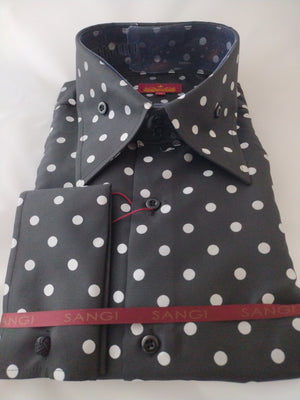 Mens Black White Polka Dot High Collar French Cuff Shirt SANGI MONACO COLL. 2096 Xlarge Mens Black White Polka Dot High Collar French Cuff Shirt SANGI MONACO COLL. 2096 Xlarge