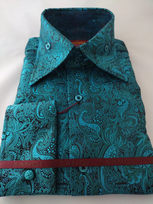 Mens Turquoise Metallic Lavish Paisley High Collar Shirt SANGI MONACO Mens Turquoise Metallic Lavish Paisley High Collar Shirt SANGI MONACO