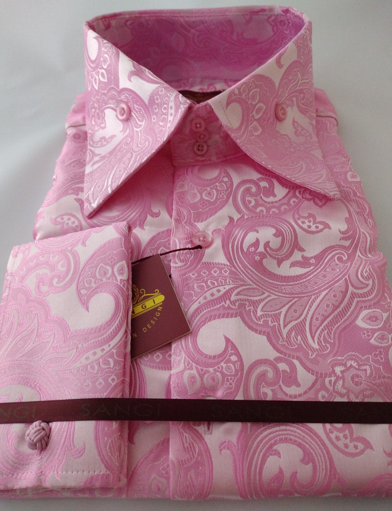 Mens Rose Pink Ornate Paisley High Collar Cuffed Shirt SANGI