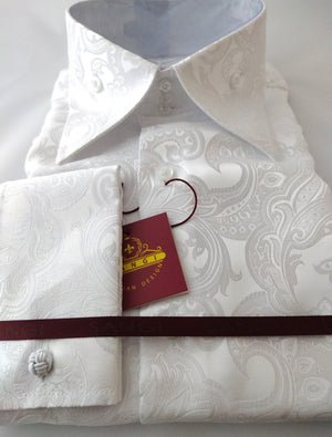Mens White Ornate Paisley High Collar French Cut Shirt SANGI MONACO COLL. 2090