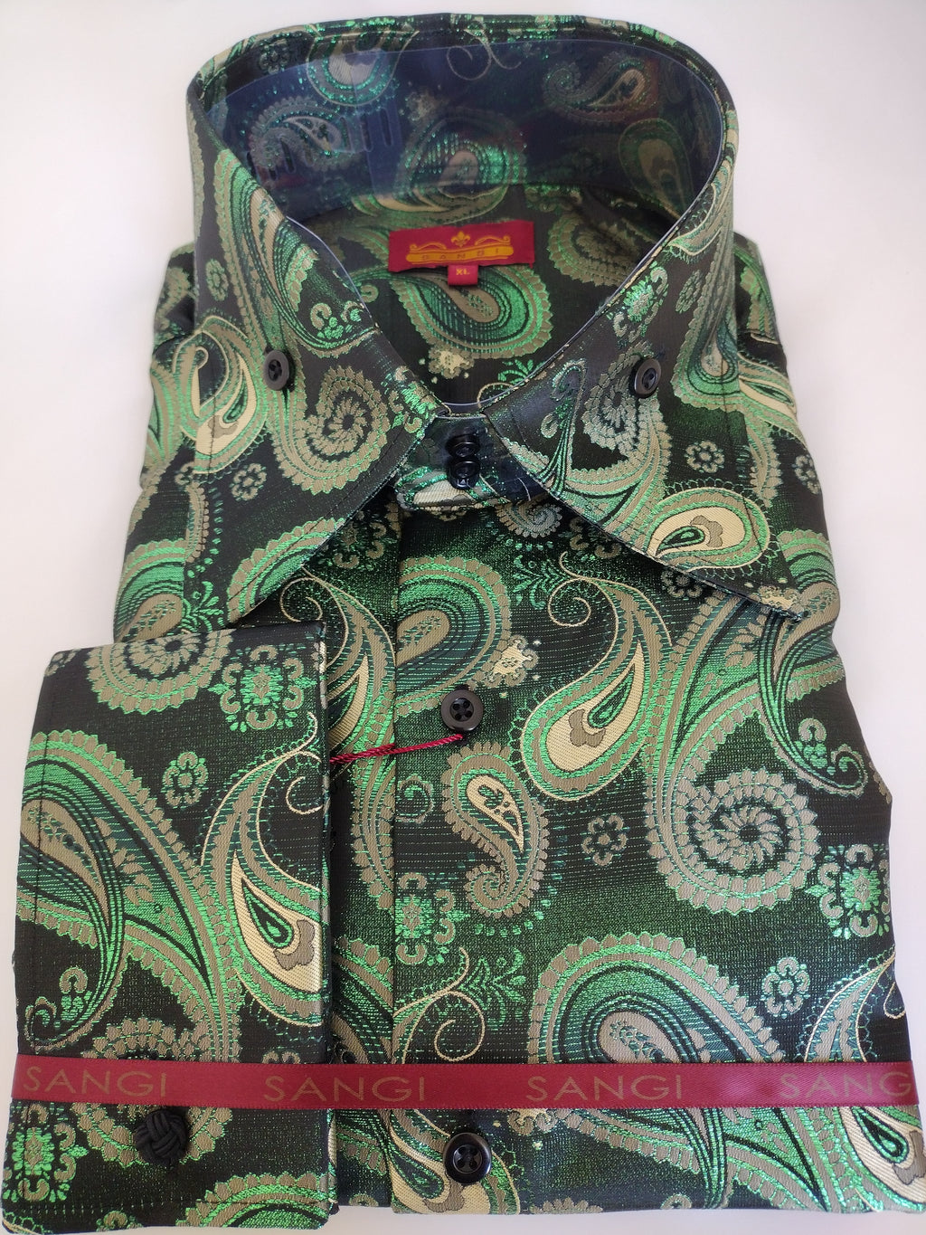 Mens Black Metallic Green 70's Paisley High Collar Shirt SANGI MONACO COLL. 2118 3XL Mens Black Metallic Green 70's Paisley High Collar Shirt SANGI MONACO COLL. 2118 3XL